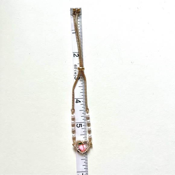 Gold Tone Costume Jewelry Bracelet with Heart, Peach, and Pearls - Picture 3 of 5